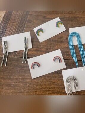 Beaded & Rhinestone Statement Earring Set Turquoise, Silver, Multicolor Set Of 5
